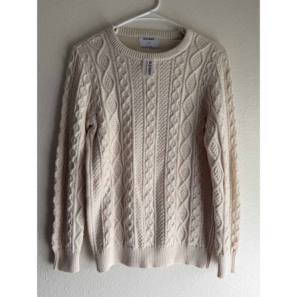 New Old Navy Sweater Youth Large 10-12 Cream Cable Knit Crewneck Cotton Pullover